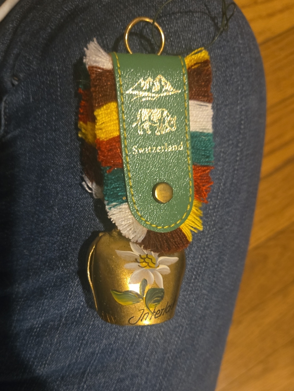 Vintage Brass Souvenir Bell from Switzerland Painted With Strap